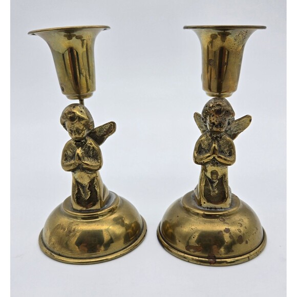 Vintage Brass Angel Candlestick Holders Praying Winged Figures Religious Decor - Picture 5 of 7